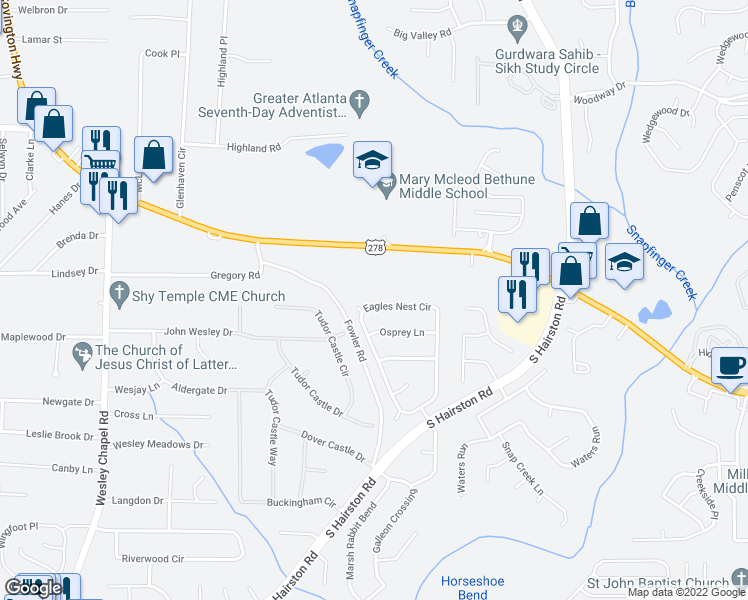 map of restaurants, bars, coffee shops, grocery stores, and more near 2243 Eagles Nest Circle in Decatur