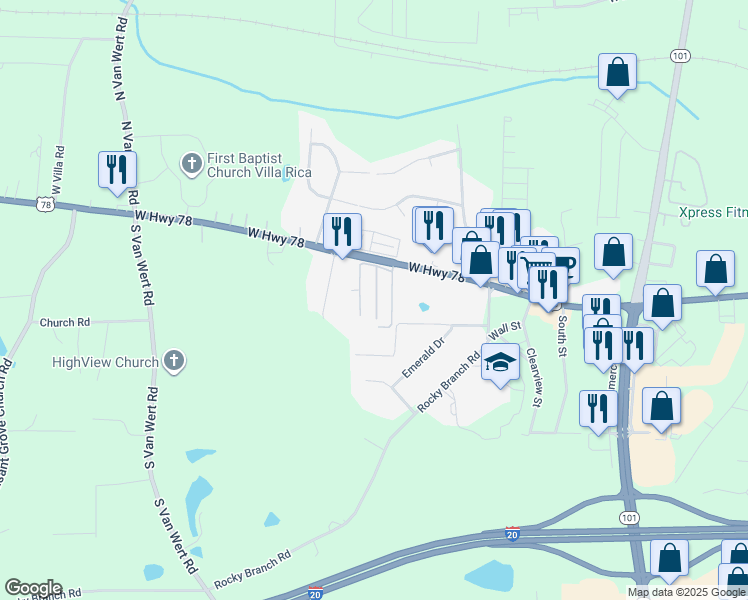 map of restaurants, bars, coffee shops, grocery stores, and more near 1050 U.S. 78 in Villa Rica
