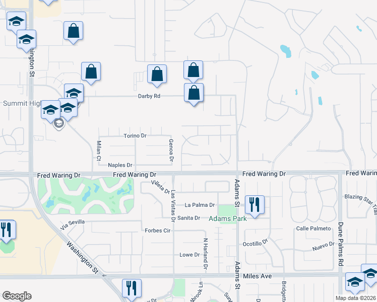 map of restaurants, bars, coffee shops, grocery stores, and more near 78850 Aurora Way in La Quinta