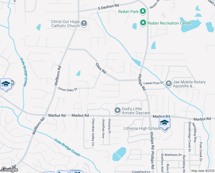 map of restaurants, bars, coffee shops, grocery stores, and more near 6149 Kenton Oaks Court in Lithonia
