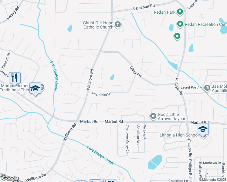 map of restaurants, bars, coffee shops, grocery stores, and more near 6050 Great Oaks Drive in Lithonia