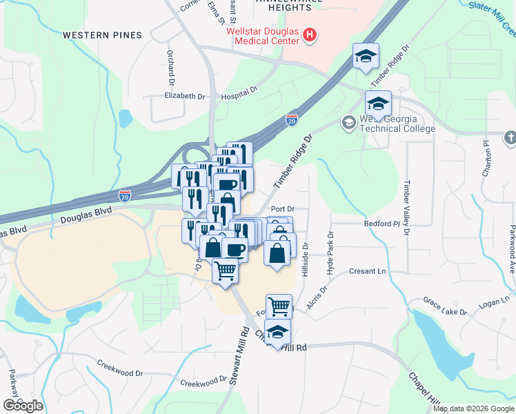 map of restaurants, bars, coffee shops, grocery stores, and more near 4885 Timber Ridge Drive in Douglasville