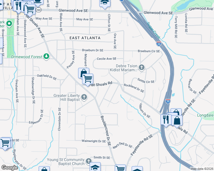 map of restaurants, bars, coffee shops, grocery stores, and more near 1679 Flat Shoals Road Southeast in Atlanta