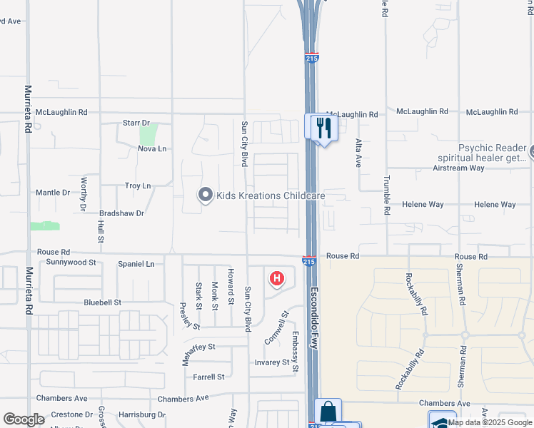 map of restaurants, bars, coffee shops, grocery stores, and more near 26824 Ole Lane in Menifee