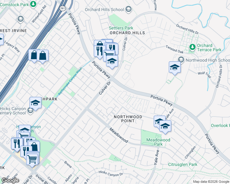 map of restaurants, bars, coffee shops, grocery stores, and more near 200 Woodbury in Irvine