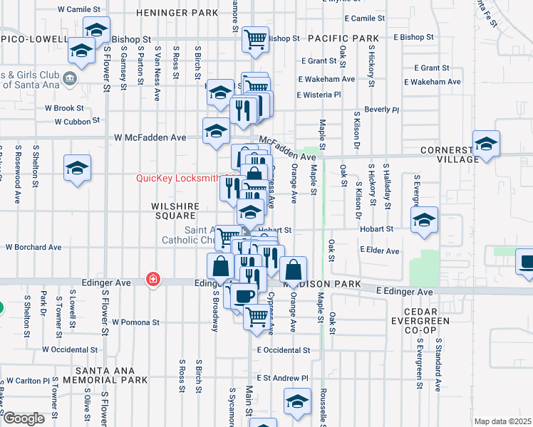 map of restaurants, bars, coffee shops, grocery stores, and more near 1336 Cypress Avenue in Santa Ana