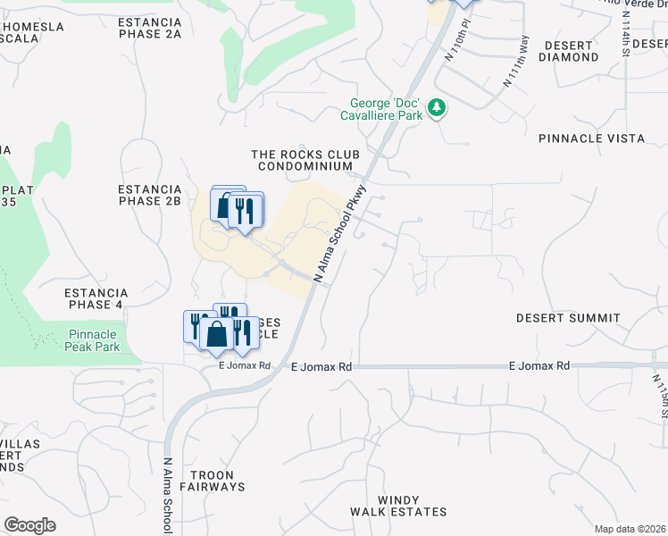 map of restaurants, bars, coffee shops, grocery stores, and more near 27000 North Alma School Parkway in Scottsdale