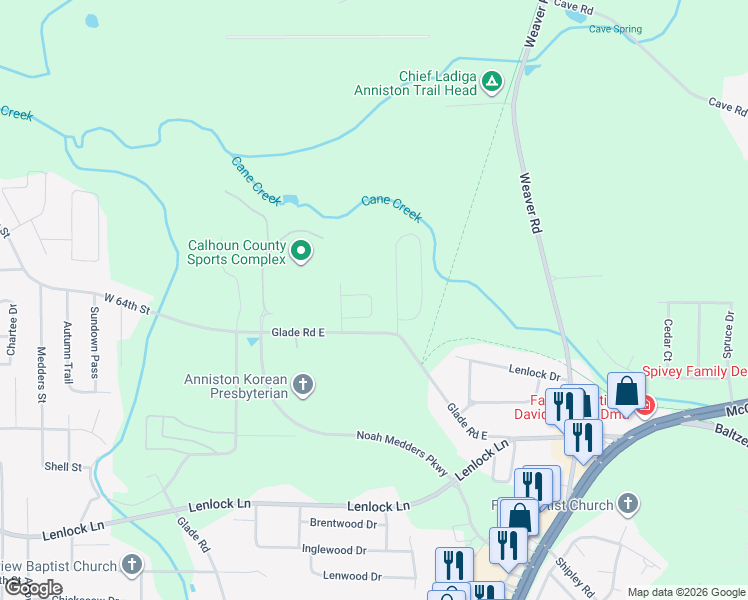 map of restaurants, bars, coffee shops, grocery stores, and more near 908 Willow Pointe in Anniston