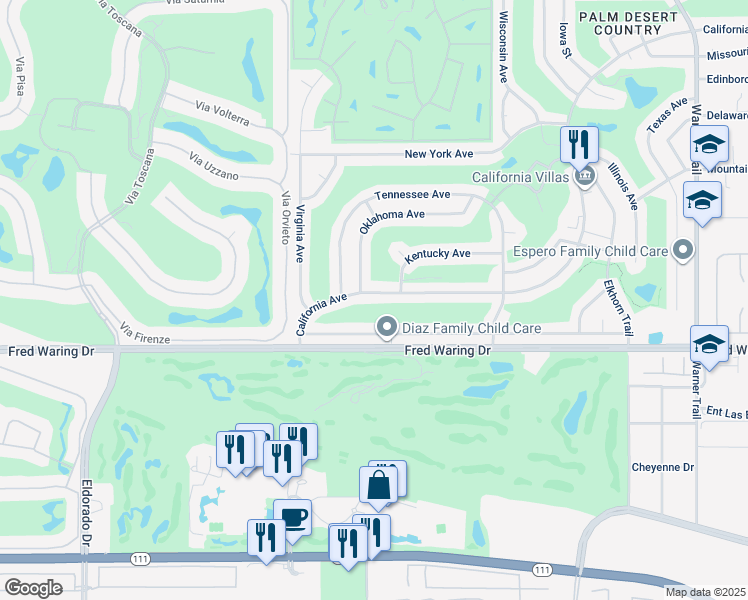 map of restaurants, bars, coffee shops, grocery stores, and more near 76701 California Drive in Palm Desert