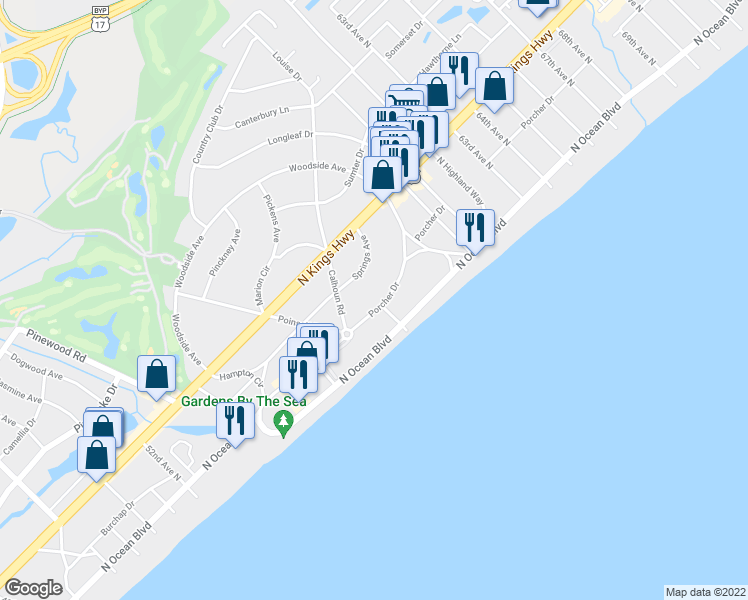 map of restaurants, bars, coffee shops, grocery stores, and more near 5637 Porcher Drive in Myrtle Beach