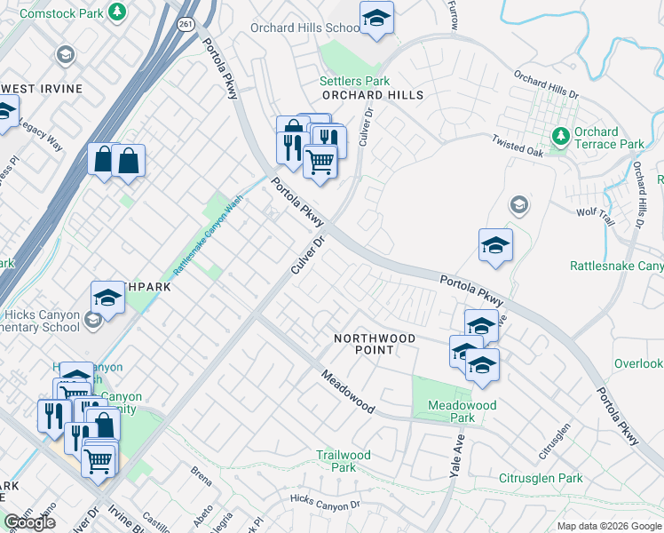 map of restaurants, bars, coffee shops, grocery stores, and more near 61 Arborwood in Irvine