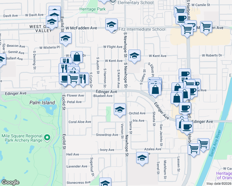 map of restaurants, bars, coffee shops, grocery stores, and more near 16030 Washburn Street in Fountain Valley