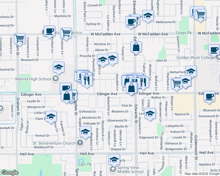 map of restaurants, bars, coffee shops, grocery stores, and more near 15941 Standish Lane in Huntington Beach