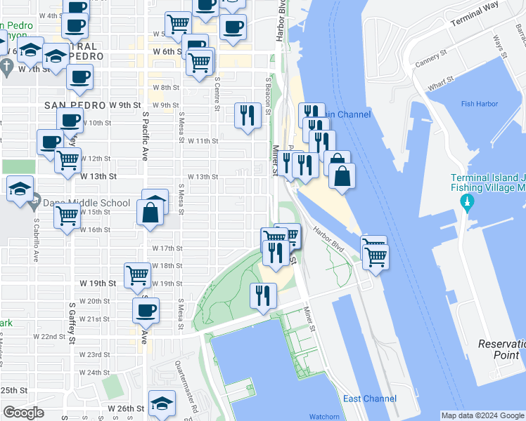 map of restaurants, bars, coffee shops, grocery stores, and more near 1502 South Palos Verdes Street in Los Angeles