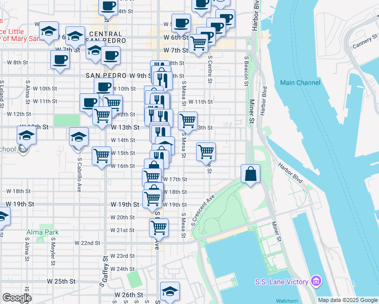 map of restaurants, bars, coffee shops, grocery stores, and more near 383 West 15th Street in Los Angeles
