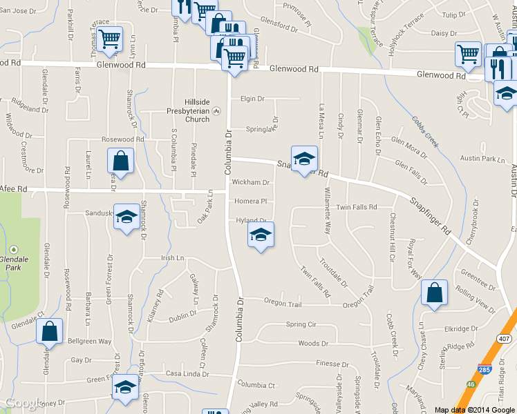 map of restaurants, bars, coffee shops, grocery stores, and more near 3409 Homera Place in Decatur