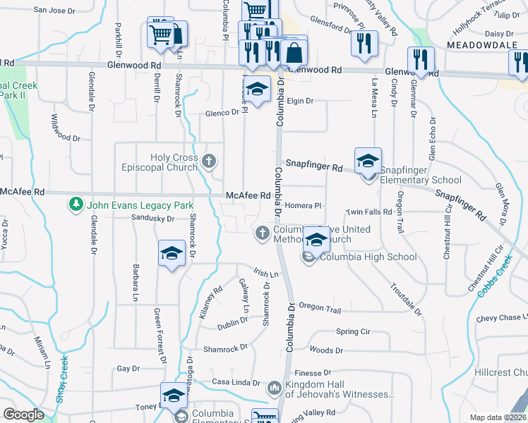 map of restaurants, bars, coffee shops, grocery stores, and more near 2036 Oak Park Lane in Decatur