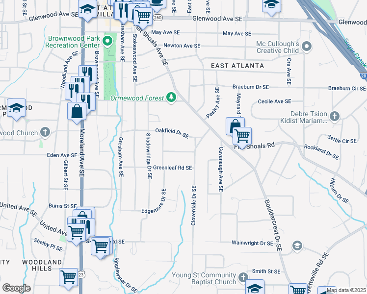 map of restaurants, bars, coffee shops, grocery stores, and more near 1218 Crestwood Drive Southeast in Atlanta