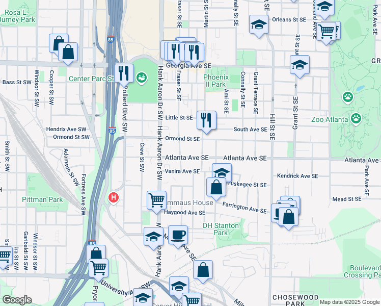 map of restaurants, bars, coffee shops, grocery stores, and more near 78 Atlanta Avenue Southeast in Atlanta