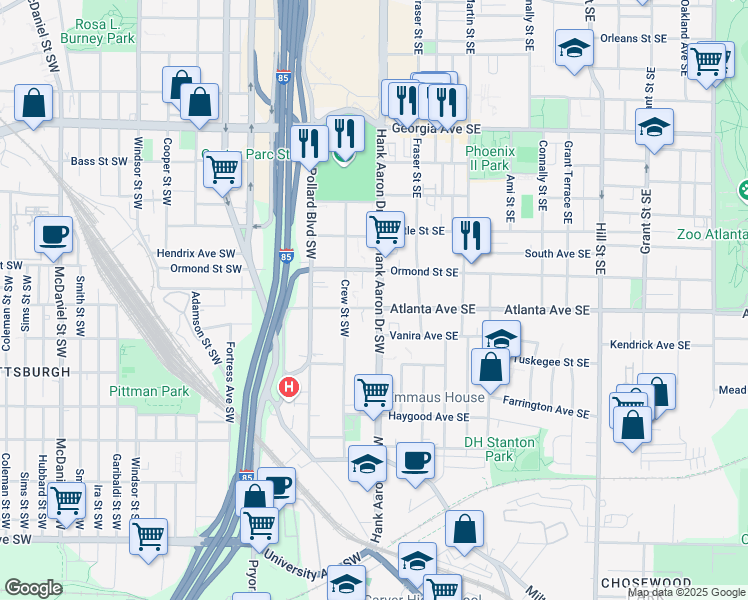 map of restaurants, bars, coffee shops, grocery stores, and more near 898 Crew Street Southwest in Atlanta