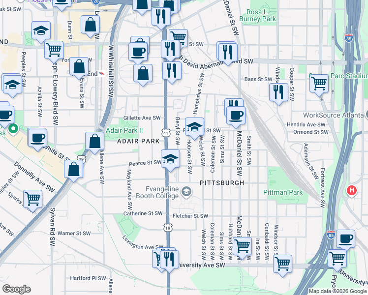 map of restaurants, bars, coffee shops, grocery stores, and more near 570 Hope Street Southwest in Atlanta
