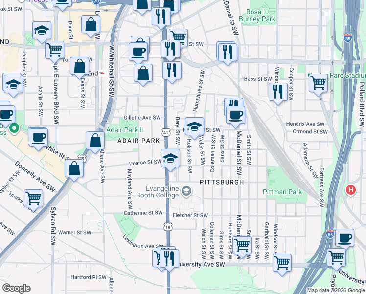 map of restaurants, bars, coffee shops, grocery stores, and more near 577 Hope Street Southwest in Atlanta