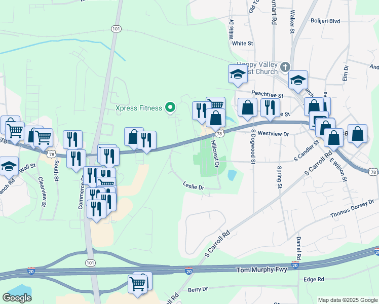 map of restaurants, bars, coffee shops, grocery stores, and more near 516 West Bankhead Highway in Villa Rica