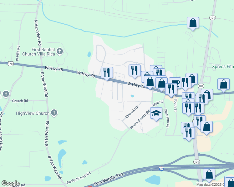 map of restaurants, bars, coffee shops, grocery stores, and more near 1050 U.S. 78 in Villa Rica