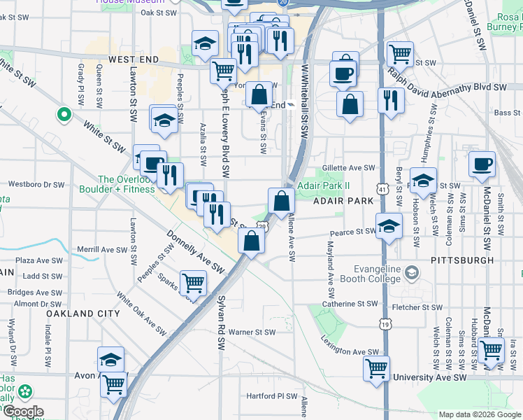 map of restaurants, bars, coffee shops, grocery stores, and more near 844 Rose Cir SW in Atlanta