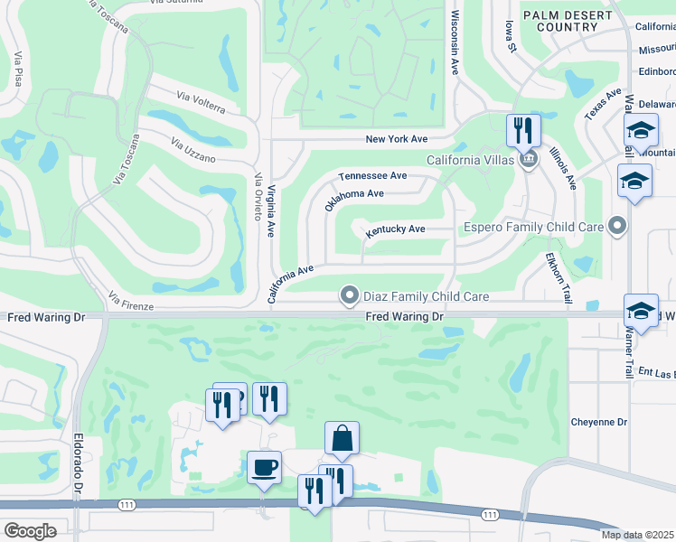 map of restaurants, bars, coffee shops, grocery stores, and more near 76701 California Drive in Palm Desert