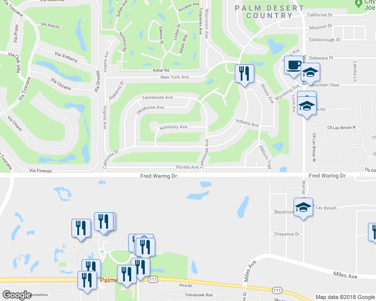 map of restaurants, bars, coffee shops, grocery stores, and more near 76937 California Drive in Palm Desert