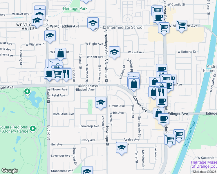 map of restaurants, bars, coffee shops, grocery stores, and more near 16025 Newhope Way in Fountain Valley