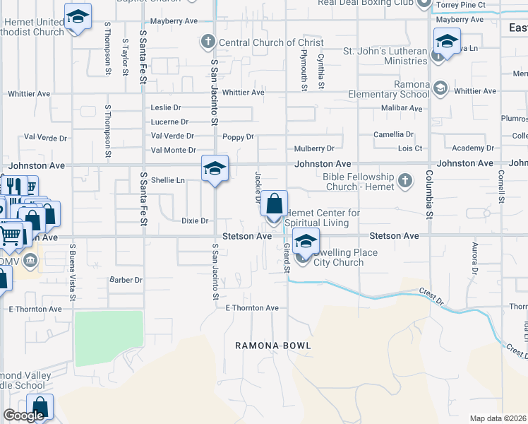 map of restaurants, bars, coffee shops, grocery stores, and more near 40383 Sharose Drive in Hemet