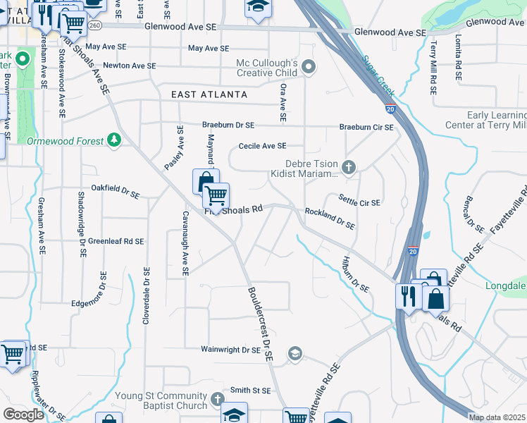 map of restaurants, bars, coffee shops, grocery stores, and more near 1691 Flat Shoals Road Southeast in Atlanta