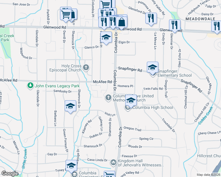 map of restaurants, bars, coffee shops, grocery stores, and more near 2029 Oak Park Lane in Decatur