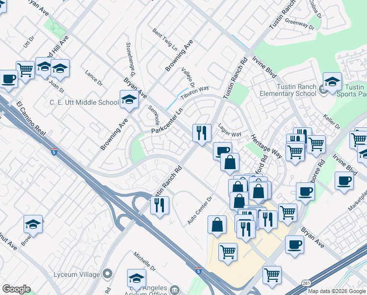 map of restaurants, bars, coffee shops, grocery stores, and more near 2321 Sugar Maple Place in Tustin