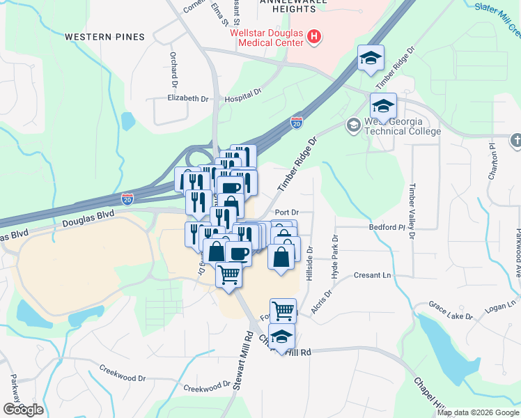 map of restaurants, bars, coffee shops, grocery stores, and more near 4869 Timber Ridge Drive in Douglasville