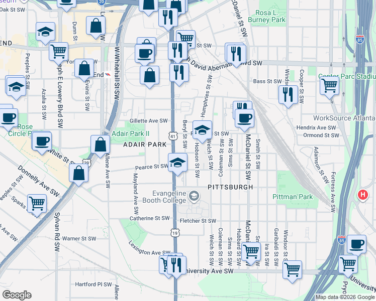 map of restaurants, bars, coffee shops, grocery stores, and more near 581 Hope Street Southwest in Atlanta