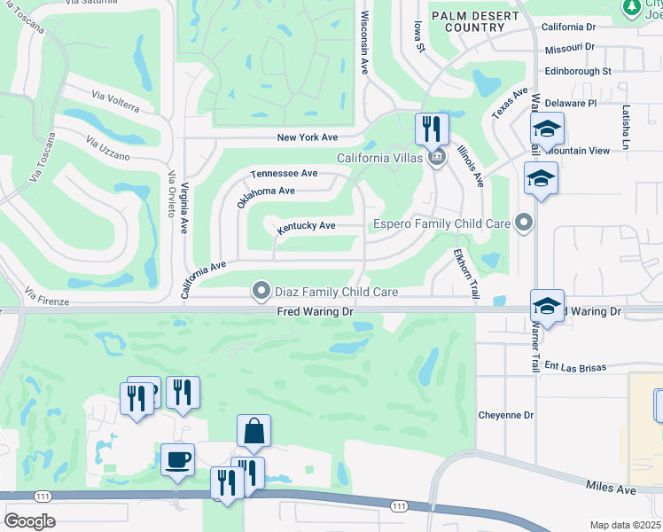 map of restaurants, bars, coffee shops, grocery stores, and more near 76937 California Drive in Palm Desert