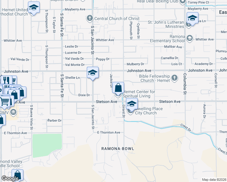 map of restaurants, bars, coffee shops, grocery stores, and more near 40383 Sharose Drive in Hemet