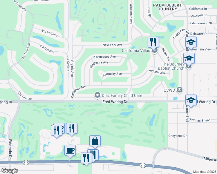 map of restaurants, bars, coffee shops, grocery stores, and more near 76797 California Drive in Palm Desert