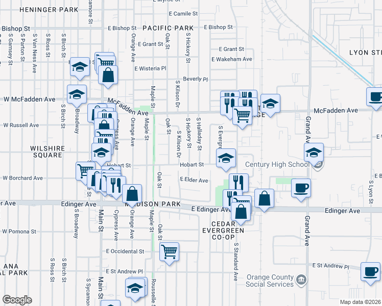 map of restaurants, bars, coffee shops, grocery stores, and more near 1279 South Hickory Street in Santa Ana