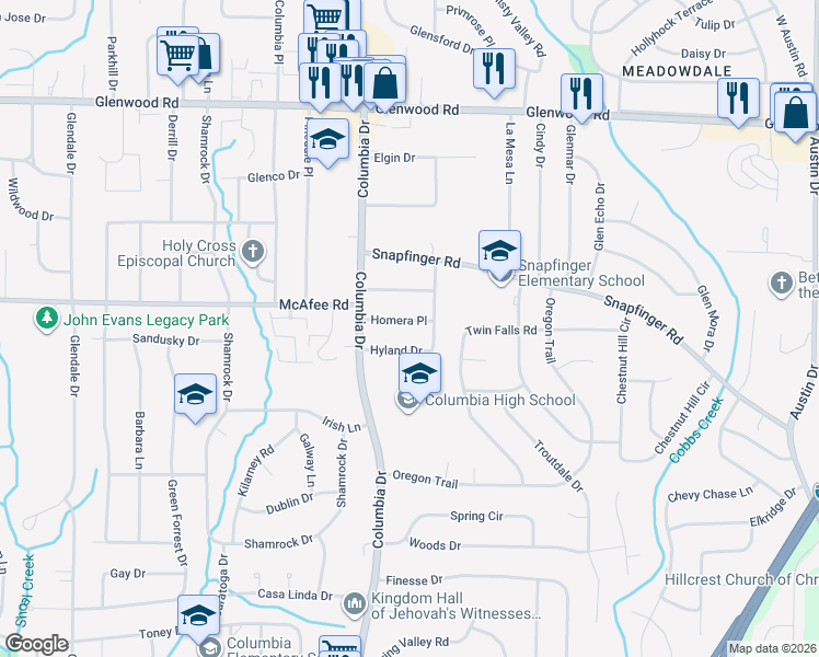 map of restaurants, bars, coffee shops, grocery stores, and more near 3409 Homera Place in Decatur