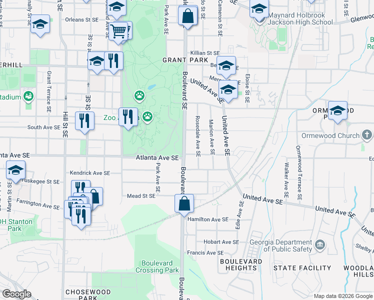 map of restaurants, bars, coffee shops, grocery stores, and more near 610 Atlanta Avenue Southeast in Atlanta
