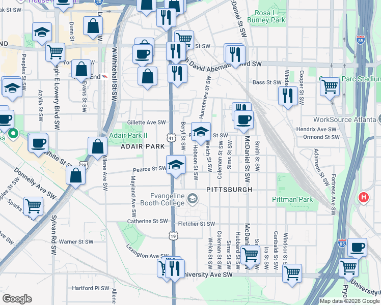 map of restaurants, bars, coffee shops, grocery stores, and more near 570 Hope Street Southwest in Atlanta
