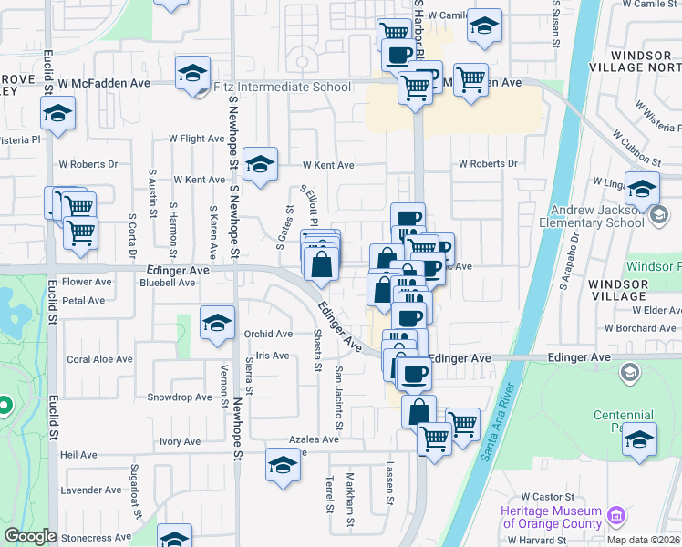 map of restaurants, bars, coffee shops, grocery stores, and more near 11803 Amethyst Court in Fountain Valley