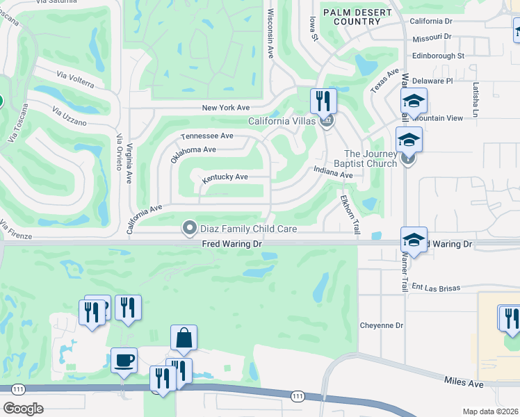 map of restaurants, bars, coffee shops, grocery stores, and more near 76983 California Drive in Palm Desert