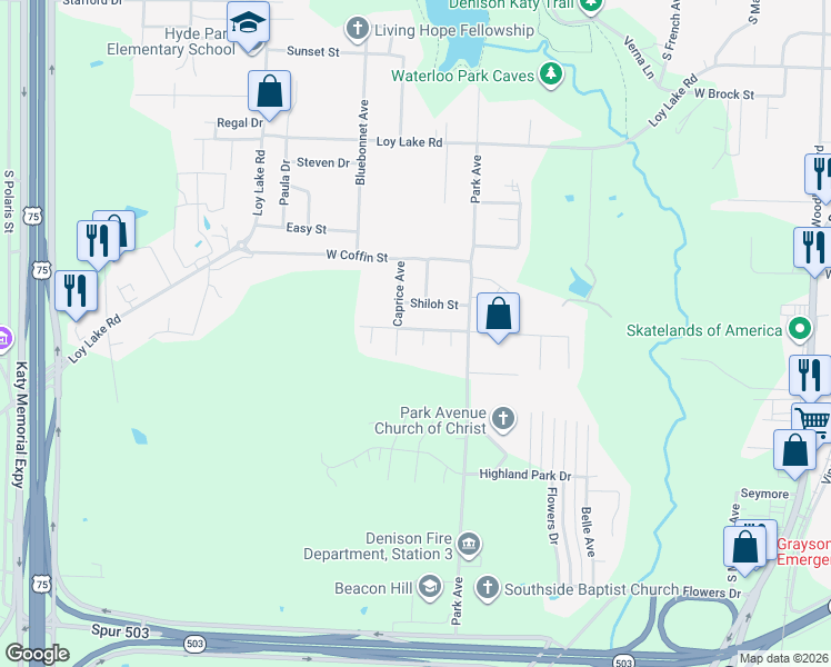 map of restaurants, bars, coffee shops, grocery stores, and more near 2602 Caprice Avenue in Denison