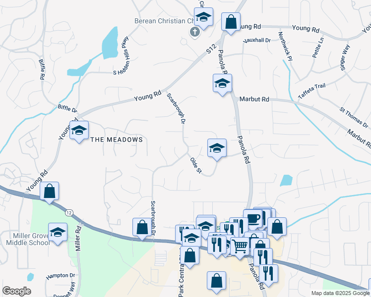 map of restaurants, bars, coffee shops, grocery stores, and more near 2027 Scarbrough Drive in Stone Mountain