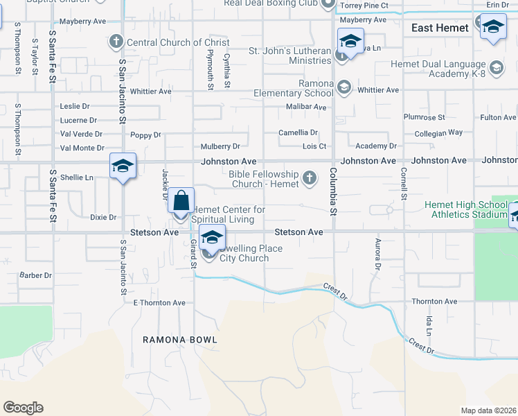map of restaurants, bars, coffee shops, grocery stores, and more near 26917 Yale Street in Hemet